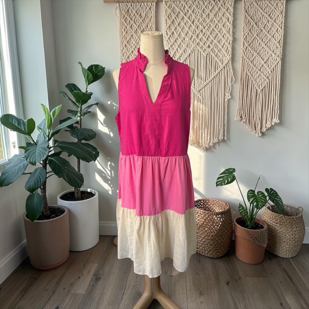 52seven Sleeveless Colorblock Ruffle-Neck Linen Blend Dress – Size 12